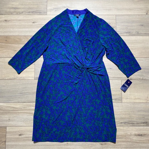 Chaps Womens Faux Wrap 3/4‎ Sleeve Floral Dress Size 20W Blue Green Black - Picture 1 of 12